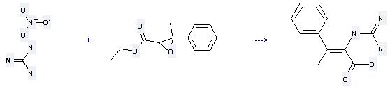 Ethyl 3-methyl-3-phenylglycidate can react with guanidine; nitrate to get 2-guanidino-3-phenylbutanoic acid. 